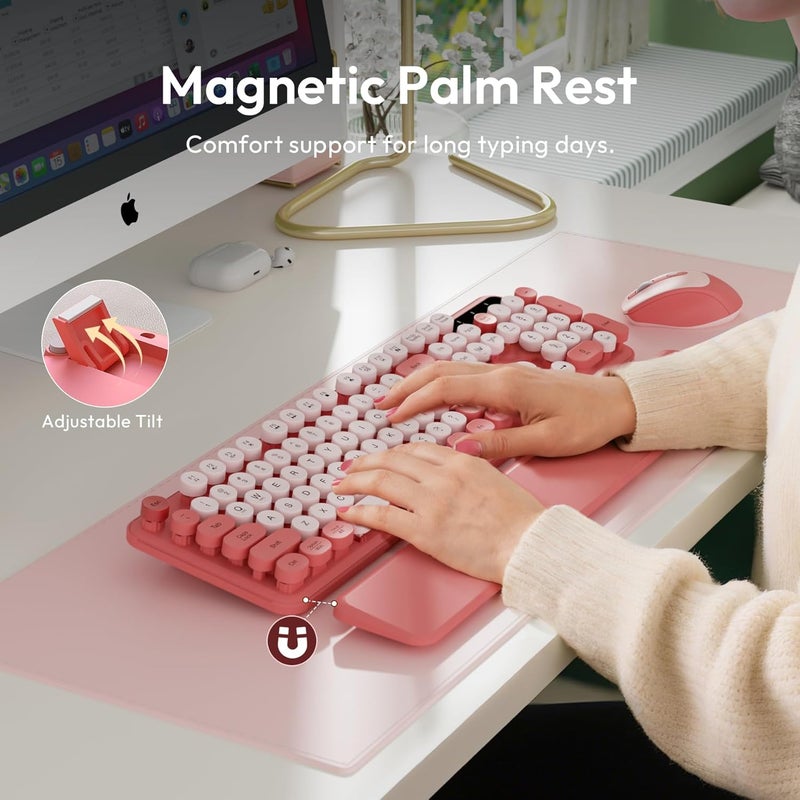 Trueque Wireless Keyboard and Mouse Combo, Typewriter Keyboard with Detachable Wrist Rest, Full-Size Retro Round Keycaps, Smart-Sleep, 2.4GHz Stable Connection for Mac/Windows/PC, (Blush Pink) - Image 3